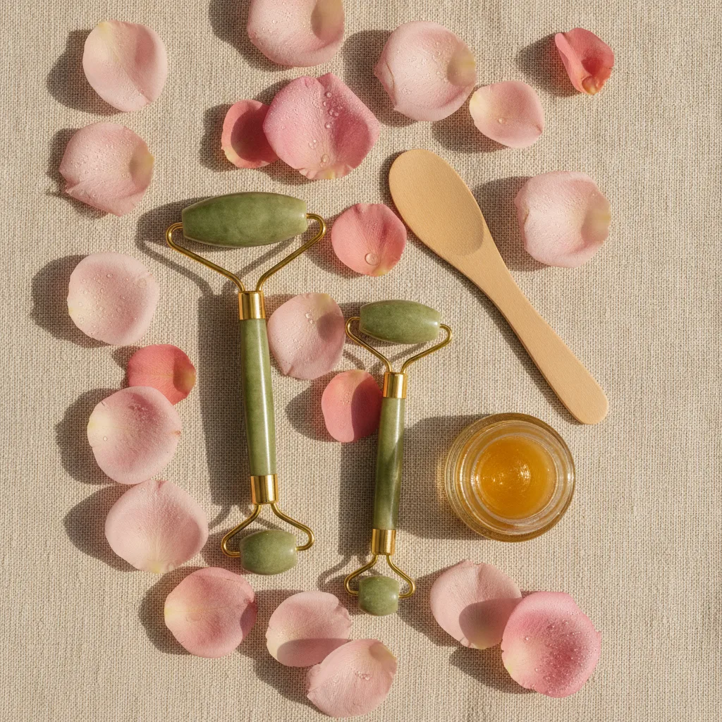 Fresh rose petals scattered near skincare tools